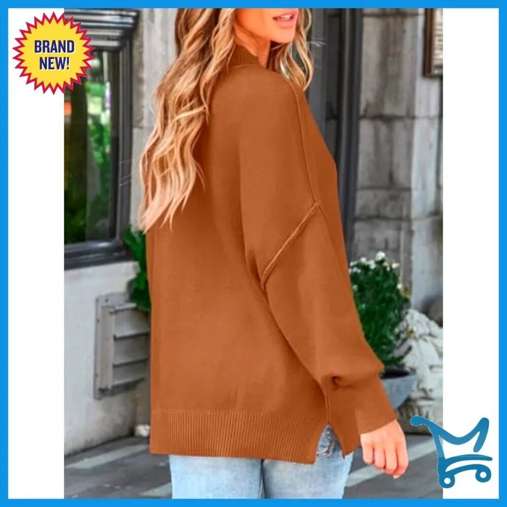 Oversized Ribbed Knit Pullover Sweater Batwing Sleeve Side Slit Chic Fall
